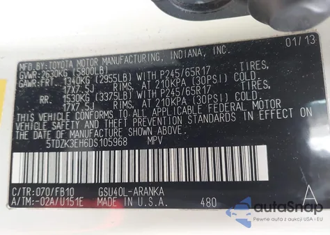 2013 Toyota Highlander Base V6 from USA, damaged, VIN 5TDZK3EH6DS105968